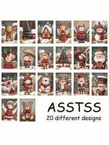 بطاقات بريدية ورقية بموضوع عيد الميلاد الكرتوني - تتميز بالرجال الزنجبيل وسانتا كلوز والحيوانات الكرتونية، قابلة للكتابة بسطح ناعم، مثالية لتجميع الصور والكتابة الإبداعية والحرف اليدوية وتحية أعياد الميلاد والهدايا، سلسلة كلاسيكية من البطاقات الزخرفية، مثالية لتجميع الصور والحرف اليدوية وديكورات أعياد الميلاد