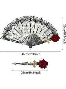 1pc Elegant Vintage Spanish Lace Fan Luxurious European Rose Folding Fan For Cosplay Performance Decoration Valentine's Day - Black - View 3