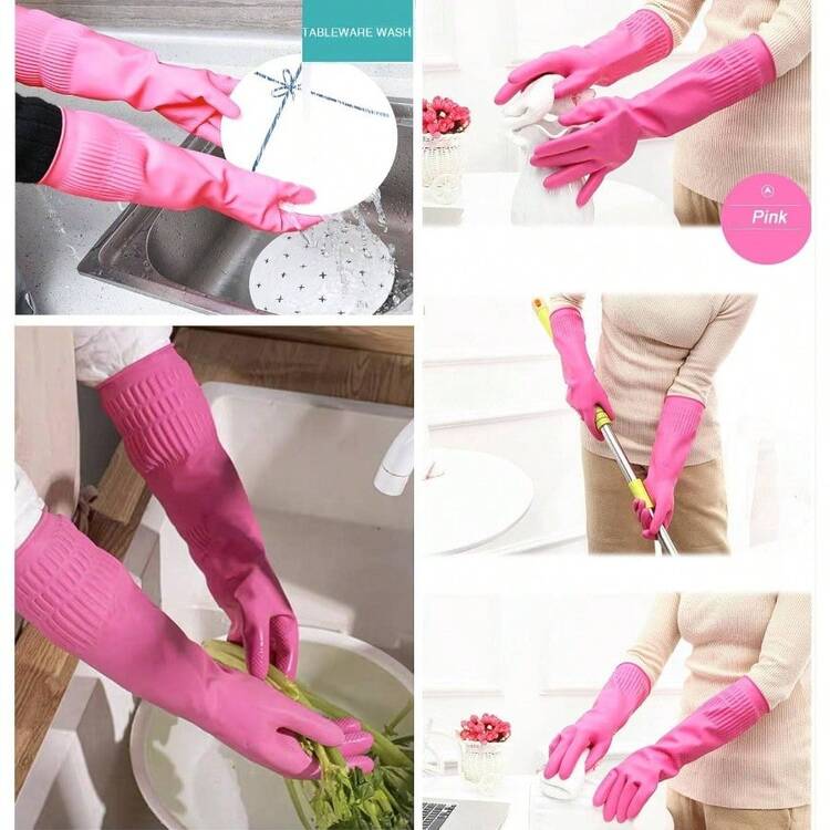 3 Pairs Of Rubber Dishwashing Gloves Kitchen And Household Cleaning U2013 Long Cuff 15 Reusable, Flexible Long - Lasting And Non - Slip Red+Yellow+Green, Medium - 中+紅+黃+綠 - 查看 5