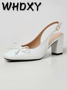 WHDXY 1 Pair Women's Square Toe Backless Casual Slip-On Pumps With Bowknot Decor, 7CM Chunky Heel, Sexy Dress Shoes For Work, Flight Attendant, Party