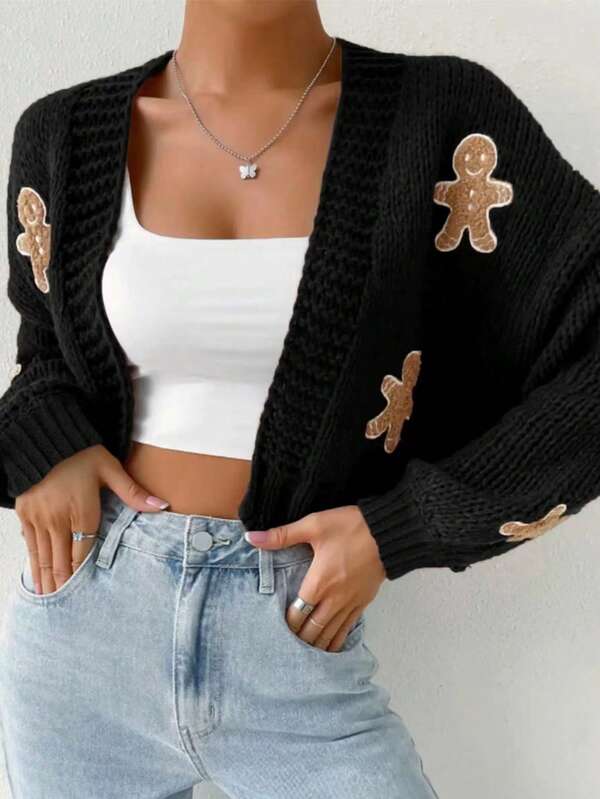 Cardigan de malha com estampa de biscoito feminino, jaqueta curta preta