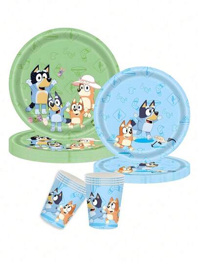 Bluey 16/48 Peças Conjunto de Suprimentos para Festa Bluey, Copos e Pratos de Papel de Seda, Adequado para Aniversários, Casamentos, Aniversários e Cerimônias de Formatura