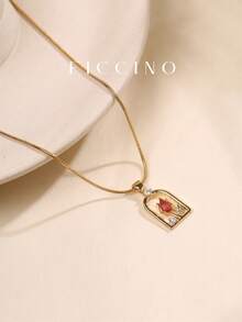 FICCINO 主题窗口郁金香吊坠镀金方晶锆石钛钢镀金蛇链项链，百搭颈链，节日和周年纪念礼物，附赠盒子 - 152n - 查看 2