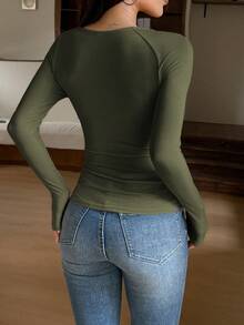 Sunny Girl Style Spring Girlfriend's Day Women's Long Sleeve Square Neck Top, Lace Collar Trim, Sweet Casual Minimalist Campus Style - Army Green - View 11