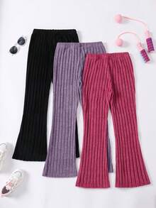 Tween Girl 3pcs/Set Solid Color Leggings & Flared Pants, Autumn/Winter - Multicolor - View 2