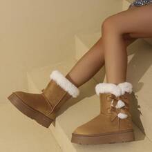 1 Pair Women's Winter Bow Hook And Loop Thick Faux Thermal Lined Mid-Calf Snow Boots, Featuring Bow Decor And Plush Details For Warmth And Comfort, Suitable For Daily Wear And Outings