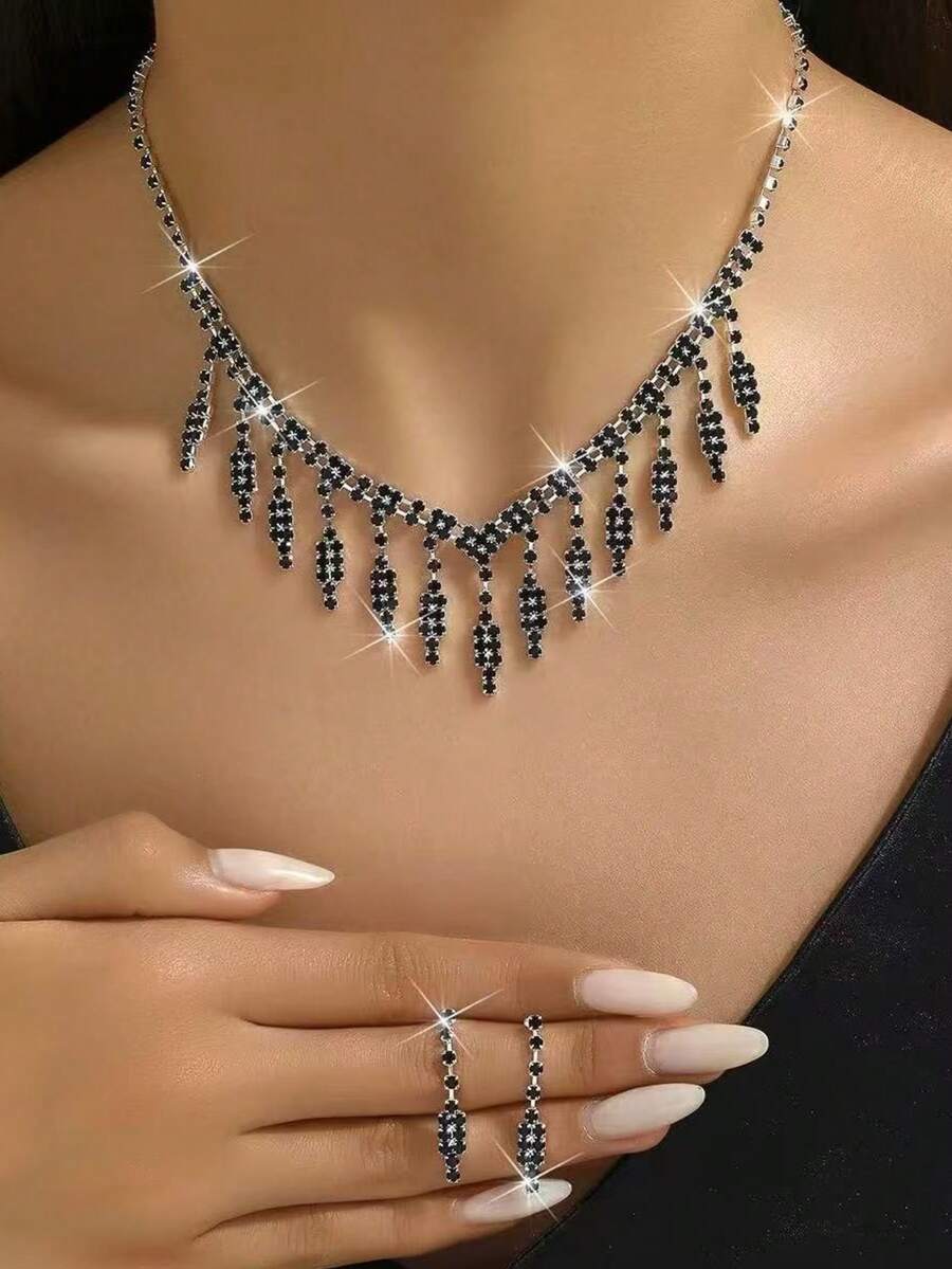Bộ 2 món dây chuyền và bông tai thanh lịch dành cho nữ, bộ trang sức đính đá lấp lánh, phụ kiện váy cưới. - Bộ 2 món - Xem 1