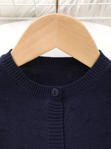 婴儿针织圆领穿孔纯色针织开衫 - 寶藍色 - 查看 2