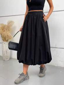 百搭甜美休闲黑色碎花泡泡裙，高腰修身A字裙 - 黑色 - 查看 6