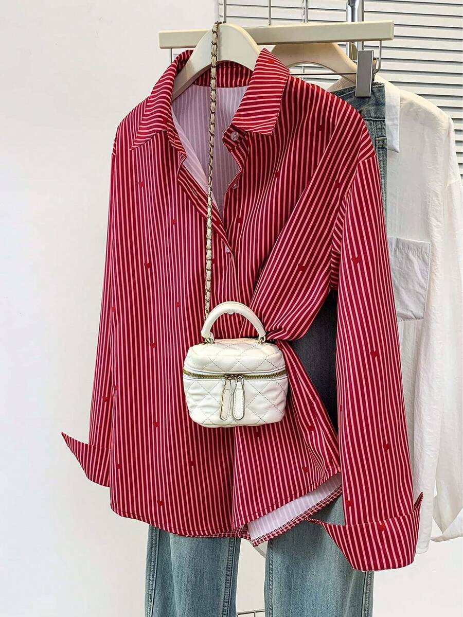 Women's Heart Print Polo Collar Striped Shirt - Casual Button Down Long Sleeve Blouse, Suitable For Spring, Summer, Autumn Daily Wear - Burgundy - View 1