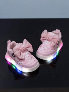 Girls' Princess 7-Color LED Light Shoes, Comfortable Soft Bottom Bow Casual Shoes - Pink - View 3
