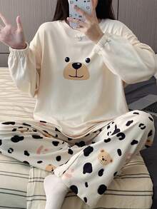 两件套女士抓绒蓬松睡衣套装，可爱小熊图案，秋冬季保暖睡衣，秋季服装 - 杏色 - 查看 4