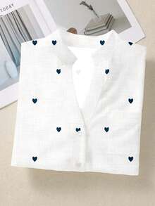 Camisa de mujer de manga larga con botones y bolsillo, con estampado romántico de corazones, para otoño e invierno - Blanco - Ver 10