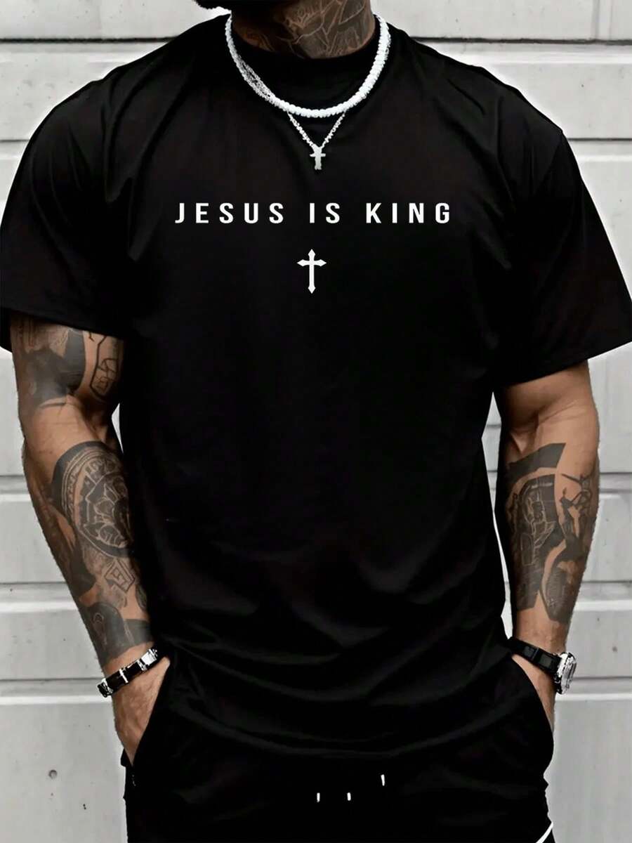 Fall Men T-Shirt Jesus Is King Cross Christian Minimalist Religious Christ T-Shirt Halloween Pumpkin Thanks Giving Family Funny Christmas Graphic Casual Autumn Tee Tops Men's T Shirt - 黑色 - 查看 1