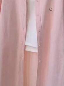 娇小女款常规长度粉色翻领长袖衬衫，饰有纽扣和精致刺绣，休闲涤纶上衣，适合冬季穿着 - 粉色 - 查看 5