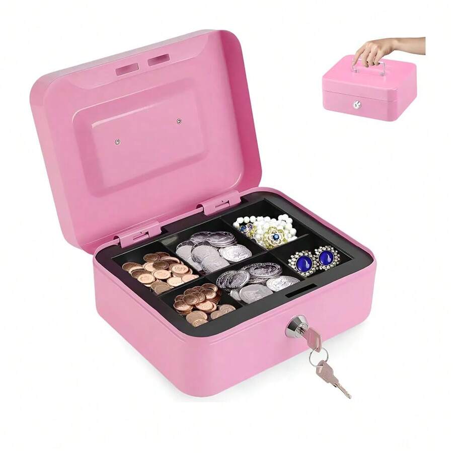 HappyWare Cash Box Caja Fuerte Metalica Para Dinero Con Charola y Llaves Rosa