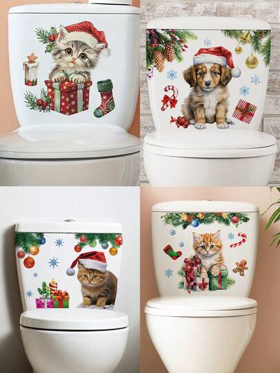 1 pieza Pegatina de pared de PVC con tema navideño - Pegatina de vinilo de un gato de dibujos animados con gorro de Papá Noel para decorar puertas de vidrio y baños - Decoración del hogar y gabinetes de cocina para Navidad