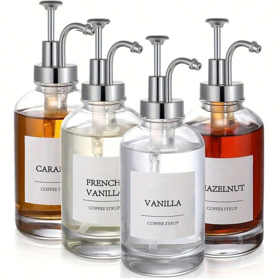4PCS Coffee Bar Accessories, Coffee Syrup Dispenser, Glass Syrup Bottle With Pump, Suitable For Coffee Shop, Home, Company, Kitchen Use