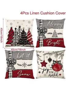 4pcs Christmas Throw Pillow Covers - 18 X 18 Inch Set (Pillow Inserts Not Included) - Christmas Tree, Winter Cottage, Holiday Cheer Bright Cushion Covers, Washable With Zipper Closure - Suitable For Sofa, Patio, Bedroom, All Room Types, Holiday & New Year Decor, Festive Parties, Christmas Party, Holiday Decoration, Party Favors, Home Decor, Fun Christmas Party Decorations, Christmas Holiday, Happy New Year, Christmas Gifts, Christmas Decoration