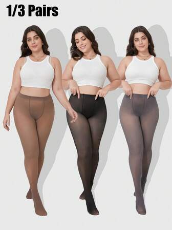 1pc/3pcs 100g Plus Size Faux Sheer Thick Thermal Lined Leggings, Women's Warm Tights, Soft Fuzzy Thermal Pantyhose, Fashionable Minimalist Daily Wear Black Stockings, Suitable For Halloween, Christmas, Temperature 5-25°C