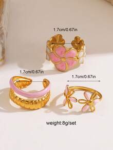 3 件套不锈钢简约 18K 镀金粉色珐琅花戒指，适合女性日常佩戴 - 彩色 - 查看 7