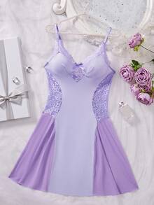 Women Sexy Lingerie Contrast Lace Milk Silk Chemise Nightgown Babydoll Dress Slip Nightwear - 紫色 - 查看 6