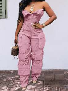 Sweet And Cool Fashion Women's Y2K Style Workwear Jumpsuit, Denim Jumpsuit, Denim Workwear, Mid Waist Non Elastic, Waist Cinching And Hip Lifting, Loose And Slimming, Suitable For All Seasons, Paired With Multi Pocket Design,  And Cool, Suitable For Back To School Season, Hot Girls, Work, Outdoor Work, Outdoor Activities, Travel, Streets, Nightclubs, Parties, Fashion Shows - 粉色 - 查看 6