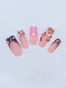 10Pcs Y2K Nails Pipe-Shaped Press On Nails Set - Handcrafted, Yellow Nails, Yellow French Tip Style, Hand Drawn Yellow And Pink Stripe French Style, Handmade 3D Monkey And Handmade 3D Banana Pattern, Hand Drawn Transparent 3D Pattern Design - Suitable For Women And Girls, Party, Wedding Nail Supplies Nails - 多色 3 - 查看 4