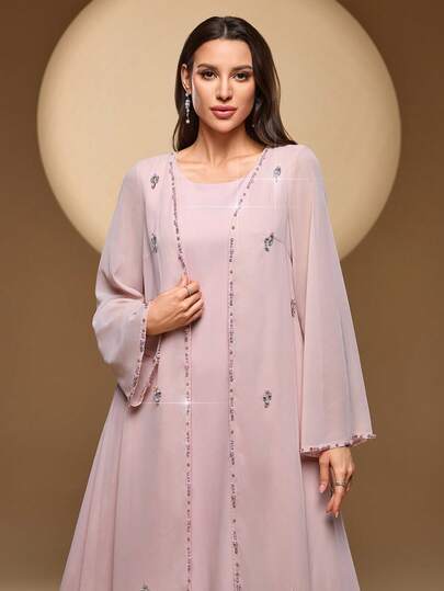 女士圆领纯色二合一连衣裙，前片饰有串珠，饰有水钻，优雅长袖长裙，适合日常穿着和旅行