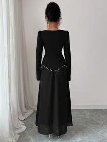 Vestido largo elegante para mujer de LilyHouse, vestido de noche romántico para fiesta de vacaciones con decoración de perlas, vestido de manga larga ajustado de cuello cuadrado, adecuado para vestido de fiesta elegante, boda, Día de San Valentín - Negro - Ver 3