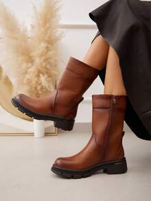 Modische, lässige, retro Ankle Boots mit Plateauabsatz - Kamelfarben - Übersicht 2