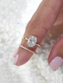 CVNANA 2pcs Luxury Cubic Zirconia Ring Set, Shiny Oval Engagement/Wedding/Promise/Eternity Rings, Exquisite Jewelry, Gifts For Valentine's Day, Mother's Day And Christmas - B - View 4