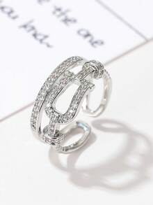 1 pieza Anillo de piedra de circonia de cobre elegante y de moda, diseño de nudo de bloqueo, anillo abierto minimalista unisex