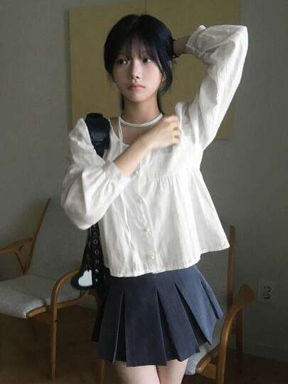 2026 Spring/Autumn Minimalist Solid Color Long Sleeve Button-Up Shirt