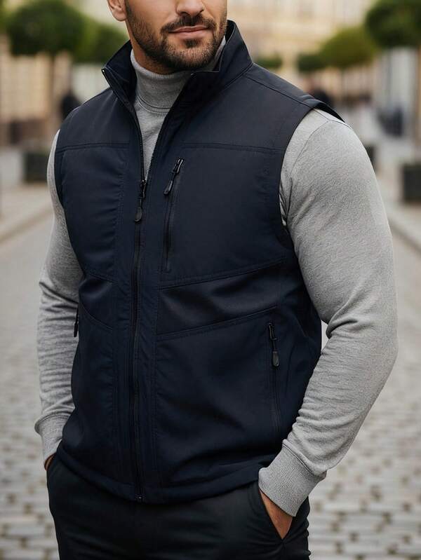 Colete utilitário leve masculino para atividades ao ar livre com bolsos com zíper - Jaqueta casual sem mangas para outono e inverno
