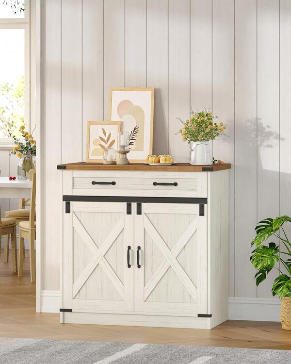 HEXCELEN Meuble Cuisine, Buffet à 1 Tiroir, Meuble de Rangement à 2 Portes, Étagères Réglables, Style Cottage, Cuisine, Salon, 40 X 80 X 80 cm,Marron Rustique et Blanc