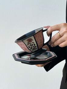 1pc European Elegant Ceramic Coffee Cup & Saucer Set, Vintage Chic Pink & Black Floral/Light Blue Floral Octagonal Mug, Embossed Design Coffee Cup, Suitable For Weekend/Afternoon Tea, Gathering With Friends, Tea & Coffee Drinking, Gift