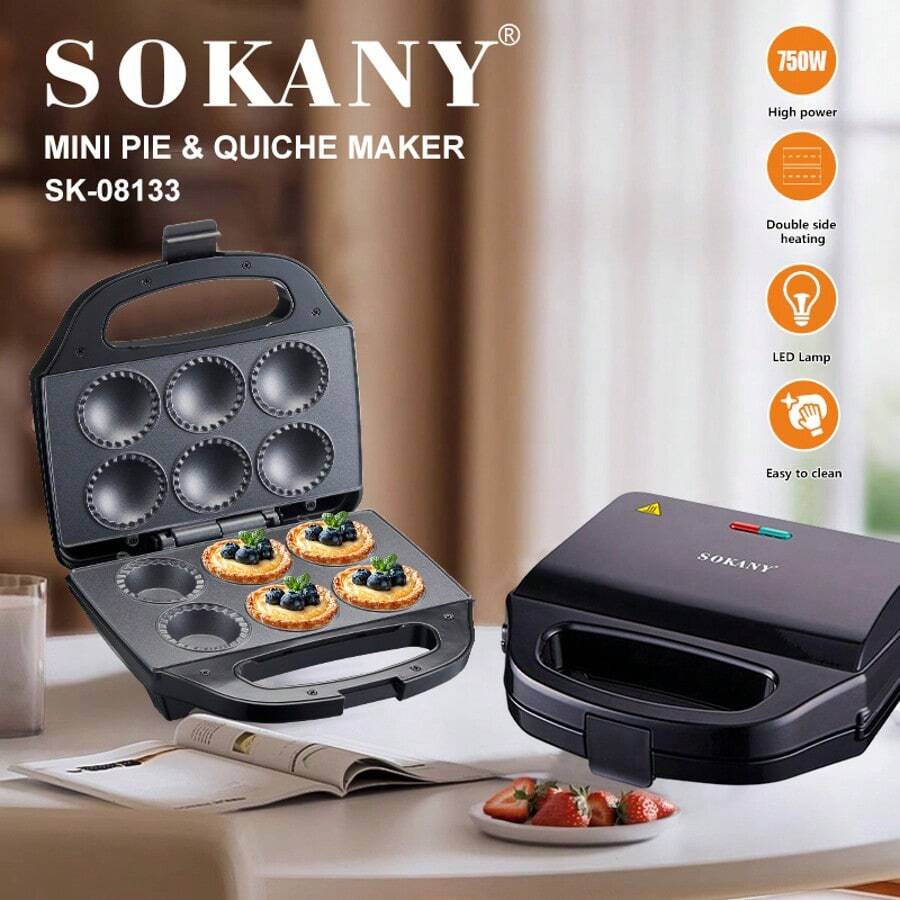 SOKANY 08133 Multifunktions-Sandwichmaker, Eiertörtchen-Maker, Waffeleisen. 750W Hochleistung, 6 Stücke antihaftbeschichtete Backplatte. Beidseitiges Heizen. Geeignet zum Backen von Eiertörtchen, Waffeln, Kuchen und anderen Desserts. Ideal für den Hausgebrauch, auch einsetzbar für Frühstück und Nachmittagstee in Restaurants. Unverzichtbares Backwerkzeug für die Küche.