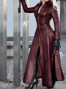 Damen Einfarbige Lange PU Lederjacke, Eleganter Damen Windjacke Langer Lederrock