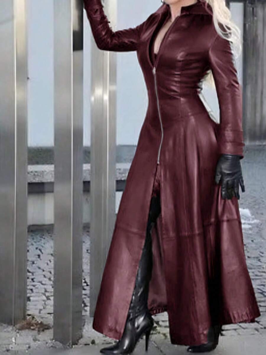 Damen Einfarbige Lange PU Lederjacke, Eleganter Damen Windjacke Langer Lederrock