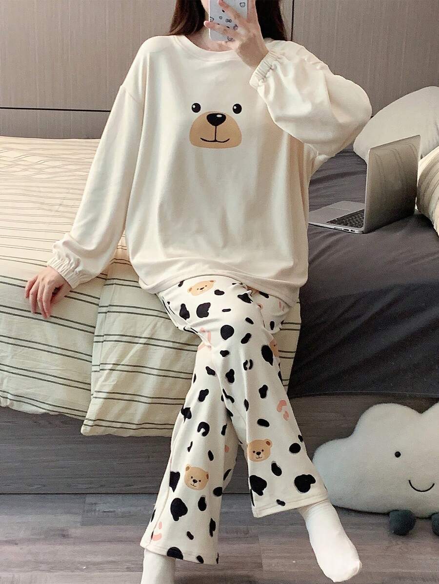 两件套女士抓绒蓬松睡衣套装，可爱小熊图案，秋冬季保暖睡衣，秋季服装 - 杏色 - 查看 1