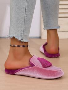 女士手工缝制流苏装饰奢华天鹅绒保暖卧室拖鞋，防滑 TPR 鞋底，包头优雅女士拖鞋，秋冬舒适鞋 - 藕粉色 - 查看 7