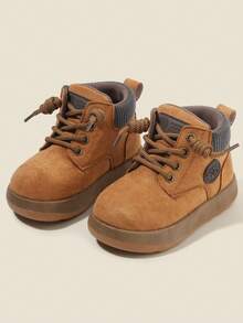 1 Pair Kids Unisex PU Criss-Cross Lace-Up Round Toe Thick Sole Flat Heel Cute Ankle Boots, Versatile Retro Casual Shoes Suitable For All Seasons - Yellow - View 3