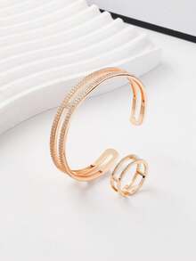 طقم سوار وخاتم نسائي من طراز كوري جديد، مطلي بذهب عيار 14 قيراط، من النحاس المرصع بالحلقات المزدوجة الصغيرة، بتصميم بسيط