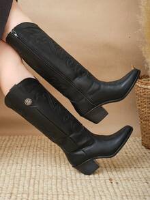 botas vaqueras  Liso    Cowboy    Tela    Cremallera lateral  Bordado    botas  Vacaciones    otoño - Negro - Ver 2