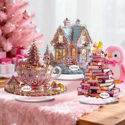 1/3/10pcs Of Pink Snow House Christmas Tree Crystal Ornaments Desktop Centerpiece Fun Multifunctional 2D Acrylic Plaque Home Dormitory Office Winter Christmas Party Gift