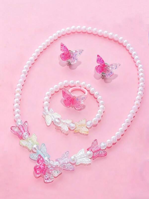 5pcs/Set Girls Cute Butterfly Pendant Bracelet Necklace Ring Clip Earrings Jewelry Set, Charming Beaded Children's Jewelry, Suitable For Girls Birthday Party Gift