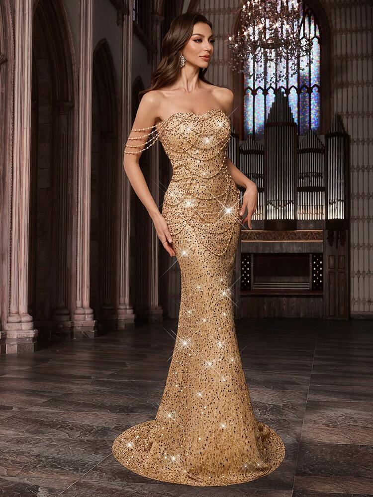 Glamorous Sequin Party Formal Dress, Shiny Beaded Women's Evening Gown, Suitable For Charity Ball, Birthday Party, Gala Dinner, Cocktail Party, Etc., Solid Color Backless Mermaid Hem Dress Wedding Spring - Champagne - View 4
