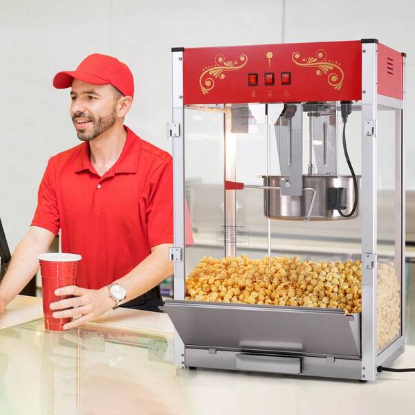 Popcorn Maker, 1615W Popcorn Popper Machine, 16 Oz Kettle Large Capacity Countertop Popcorn Maker With Tempered Glass, Includes 3 Stainless Steel Scoops, Movie Theater Style, Red
