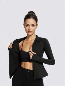 女士秋冬运动夹克，纯色前拉链运动夹克，长袖休闲轻便夹克，女士休闲运动轻便开衫夹克 - 黑色 - 查看 3